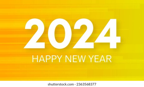 2024 Feliz Año Nuevo.  Plantilla moderna de banner de saludo con números blancos de Año Nuevo 2024 sobre fondo abstracto amarillo con líneas. Ilustración del vector
