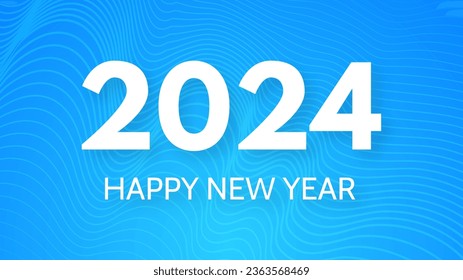 2024 Happy New Year background.  Modern greeting banner template with white 2024 New Year numbers on blue abstract background with lines. Vector illustration