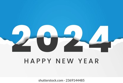 2024 Feliz Año Nuevo Diseño de fondo con papel desgarrado. Tarjeta de felicitación, cartel, afiche. Ilustración vectorial.