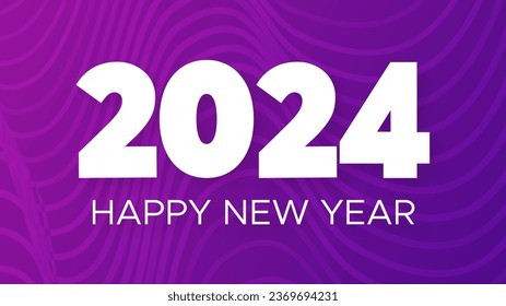 2024 Happy New Year background.  Modern greeting banner template with white 2024 New Year numbers on purple abstract background with lines. Vector illustration
