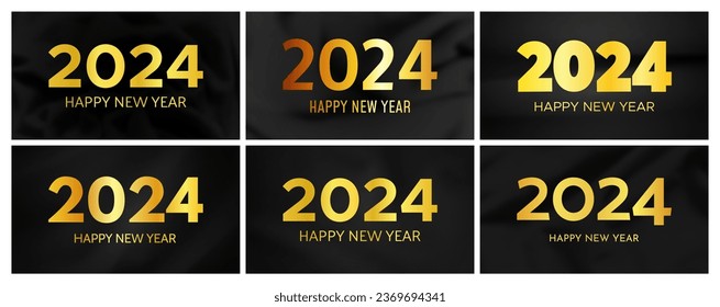 2024 Happy New Year background. Set of six modern greeting banner templates with gold 2024 New Year numbers on crumpled dark silk background. Vector illustration