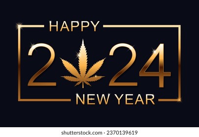 2024 Feliz Año Nuevo con hoja de marihuana. Tarjeta de felicitación. Feliz año nuevo. Ilustración vectorial.