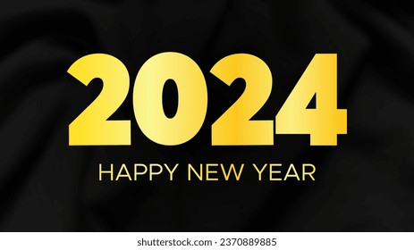 2024 Happy New Year background.  Modern greeting banner template with gold 2024 New Year numbers on crumpled dark silk background. Vector illustration