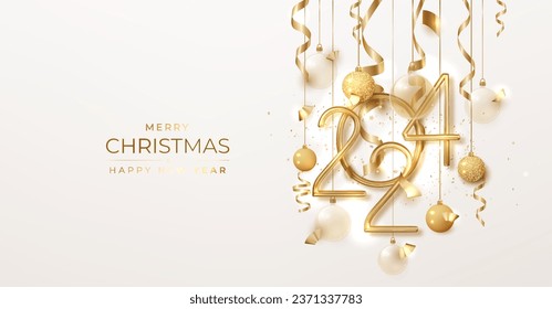 2024 Happy new year background. Golden numbers and Christmas decoration with shiny lights. Holiday greeting card template