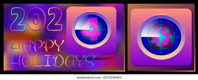 2024 happy new year background with radar icon. Seasonal vector image. 2 posters set with icons glass numbers and greeting card, template happy holidays. Celebrate banner, collection design. EPS 10.