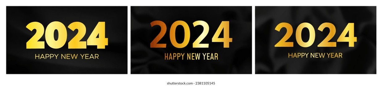 2024 Happy New Year background. Set of three modern greeting banner templates with gold 2024 New Year numbers on crumpled dark silk background. Vector illustration