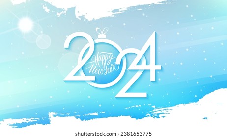 2024 Froher Neujahrshintergrund mit handgezeichneter Schrift, Weihnachtsball, Wintersonne und weißen Pinselstrichen für Neujahrsgrüße und Einladungen. Vektorgrafik.
