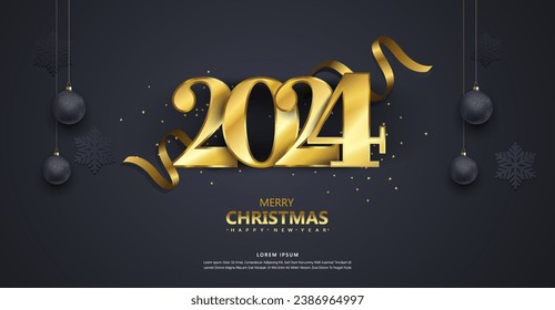 2024 Froher Neujahrshintergrund mit goldenen Wellen wirbelt mit goldenen Funkeln auf schwarzem Hintergrund. Abstraktes, glänzendes Goldenen Wellen Premium Feriendesign-Element