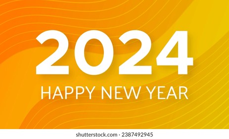 2024 Happy New Year background.  Modern greeting banner template with white 2024 New Year numbers on yellow abstract background with lines. Vector illustration