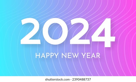 2024 Frohe Neujahrshintergrund.  Moderne Grußbanner-Vorlage mit weißen Zahlen 2024 Neujahr auf violettem abstraktem Hintergrund mit Linien. Vektorgrafik