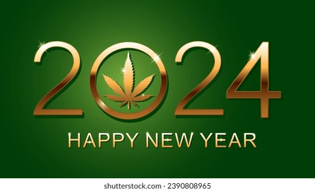 2024 Feliz Año Nuevo con hoja de marihuana. Feliz año nuevo. Ilustración vectorial sobre fondo verde.