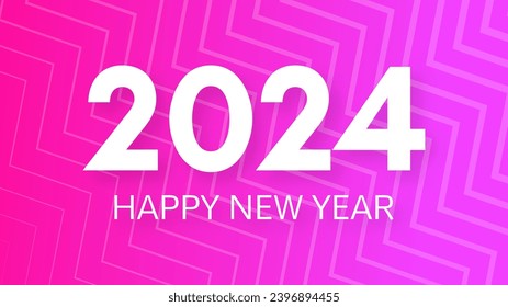 2024 Feliz Año Nuevo.  Plantilla moderna de banner de saludo con números blancos de Año Nuevo 2024 en fondo rosado abstracto con líneas. Ilustración del vector