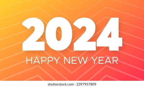 2024 Frohe Neujahrshintergrund.  Moderne Grußbanner-Vorlage mit weißen Zahlen 2024 Neujahr auf orangefarbenem abstraktem Hintergrund mit Linien. Vektorgrafik