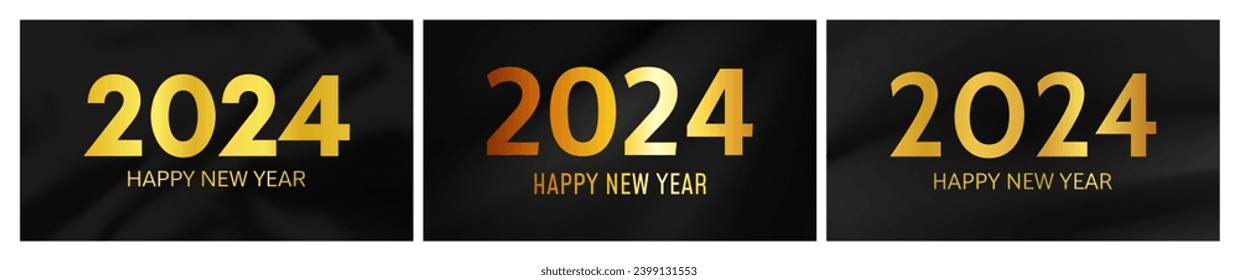 2024 Happy New Year background. Set of three modern greeting banner templates with gold 2024 New Year numbers on crumpled dark silk background. Vector illustration