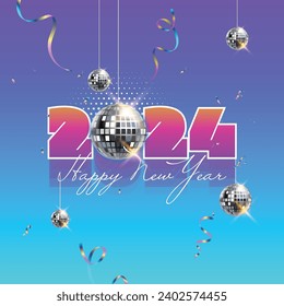 2024 Feliz Año Nuevo Diseño de fondo con disco y confeti. Tarjeta de felicitación, cartel, afiche. Ilustración vectorial.