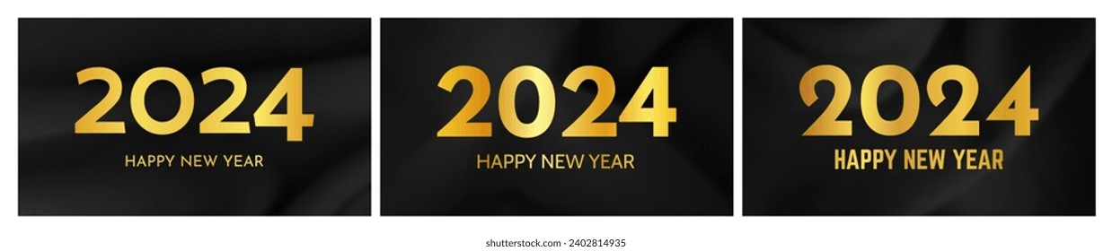 2024 Frohe Neujahrshintergrund. Set von drei modernen Grußbannervorlagen mit goldenen Zahlen zum Neujahr 2024 auf zerbrochenem dunklem Seidenhintergrund. Vektorgrafik