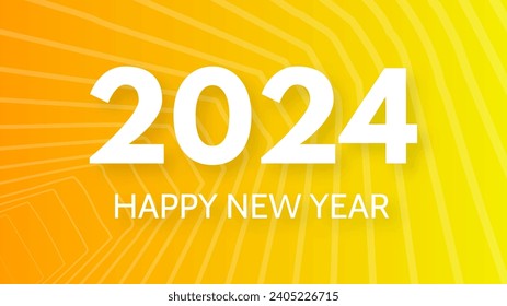 2024 Happy New Year background.  Modern greeting banner template with white 2024 New Year numbers on yellow abstract background with lines. Vector illustration