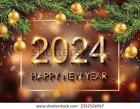 2024 Happy New Year background with Christmas tree branches. Vector illustration.