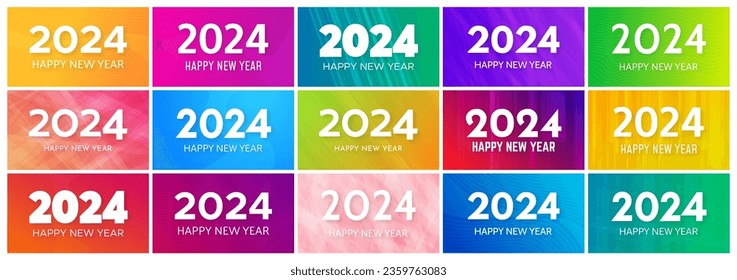 2024 Happy New Year backgrounds.  Big set of modern greeting banner templates with white 2024 New Year numbers on colorful abstract backgrounds with lines. Vector illustration