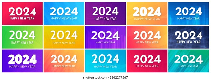 2024 Happy New Year backgrounds.  Big set of modern greeting banner templates with white 2024 New Year numbers on colorful abstract backgrounds with lines. Vector illustration
