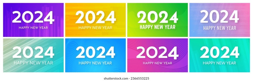 2024 Feliz Año Nuevo.  Conjunto de ocho modernas plantillas de banner de saludo con números blancos de Año Nuevo 2024 en coloridos fondos abstractos con líneas. Ilustración del vector