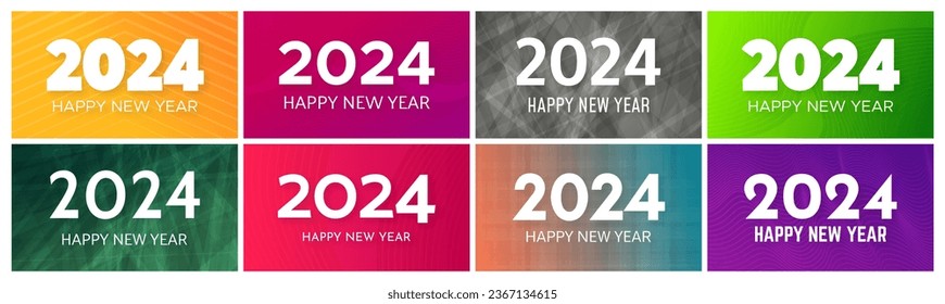 2024 Happy New Year backgrounds.  Set of eight modern greeting banner templates with white 2024 New Year numbers on colorful abstract backgrounds with lines. Vector illustration