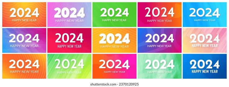 2024 Happy New Year backgrounds.  Big set of modern greeting banner templates with white 2024 New Year numbers on colorful abstract backgrounds with lines. Vector illustration