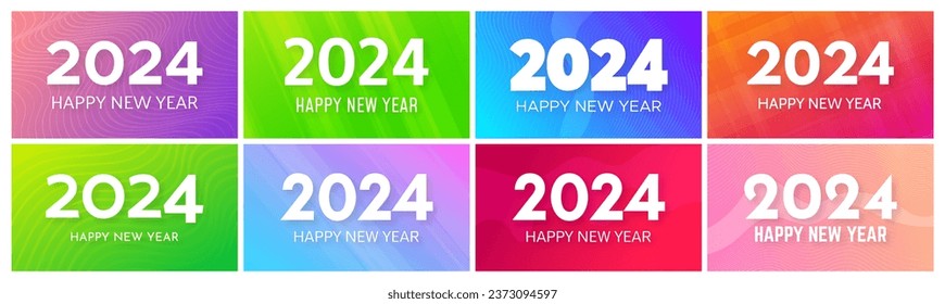 2024 Happy New Year backgrounds.  Set of eight modern greeting banner templates with white 2024 New Year numbers on colorful abstract backgrounds with lines. Vector illustration