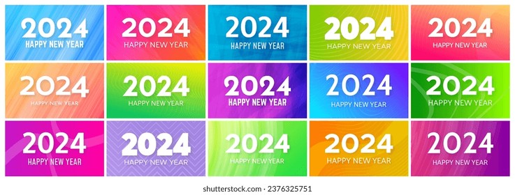 2024 Happy New Year backgrounds.  Big set of modern greeting banner templates with white 2024 New Year numbers on colorful abstract backgrounds with lines. Vector illustration