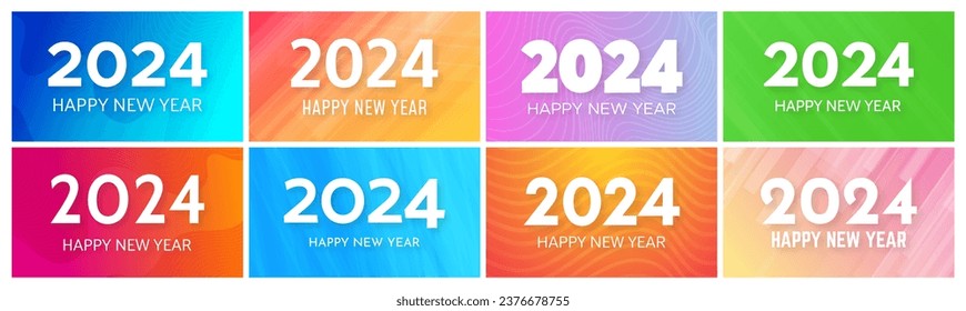 2024 Happy New Year backgrounds.  Set of eight modern greeting banner templates with white 2024 New Year numbers on colorful abstract backgrounds with lines. Vector illustration
