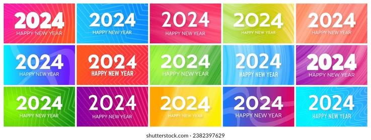 2024 Happy New Year backgrounds.  Big set of modern greeting banner templates with white 2024 New Year numbers on colorful abstract backgrounds with lines. Vector illustration