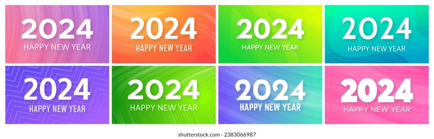 2024 Happy New Year backgrounds.  Set of eight modern greeting banner templates with white 2024 New Year numbers on colorful abstract backgrounds with lines. Vector illustration