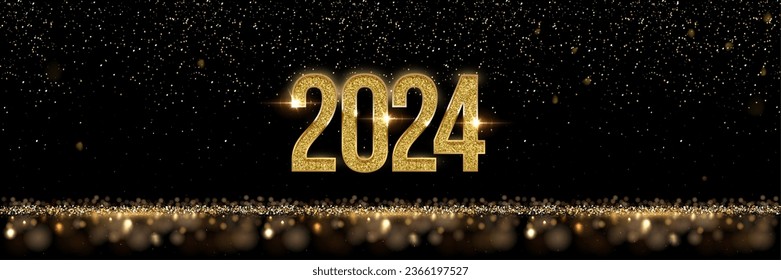 2024 Happy New Year banner vector template. Winter holiday, Christmas congratulations. Festive postcard, luxurious greeting card concept. Gold number with golden glitter illustration with text space.