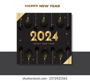 2024 happy new year banner template design with golden decoration background.