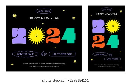 2024 Happy New Year banner. Abstract geometric hipster cool background. Marketing event. Website layout template set. Modern colorful collage style. Retro design. Trendy flat vector illustration.