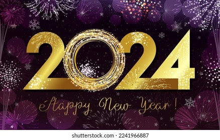 2024 A Happy New Year beautiful greeting card design. Shiny gold number 20 24. Isolated graphic. 3D style. Creative poster. Christmas eve background. Holiday night illustration. Invitating template.