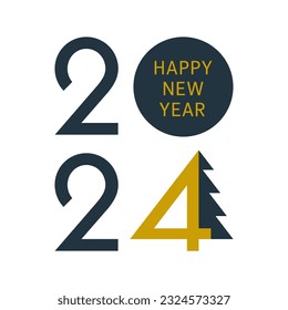 2024 Happy New Year blue gold banner with abstract fir tree. Colorful text design for holiday greetings and invitations. Vector illustration. 2024 number. Blue New Year poster, social media template.