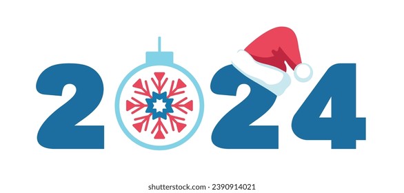 2024. Happy new year 2024. happy new year blue red numbers 2024 with Santa hat. Merry Christmas, banner, flyer. Christmas toys. Elements for calendar and greeting cards, gift. vector illustration