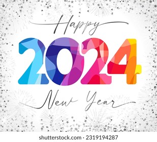 2024 A Happy New Year bright greetings. Holiday black and white background, modern calligraphic text, isolated colorful number 20 24. Fireworks and glitters with vector mask. Shiny silver elements.