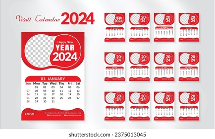 2024 happy new year calendar template set vector desk. modern and creative layout wall calendar set of 12 month template. minimalist template or calender a4 layout design.  week start on sunday.