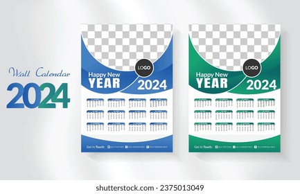 2024 happy new year calendar template set vector desk. modern and creative layout wall calendar set of 12 month template. minimalist template or calender a4 layout design.  week start on sunday.