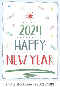 2024 Happy New Year card. Handwritten lettering in a hand-drawn frame. Christmas tree of numbers, text, pen stroke and star. Red, green, blue isolated text. Serpentine, confetti.