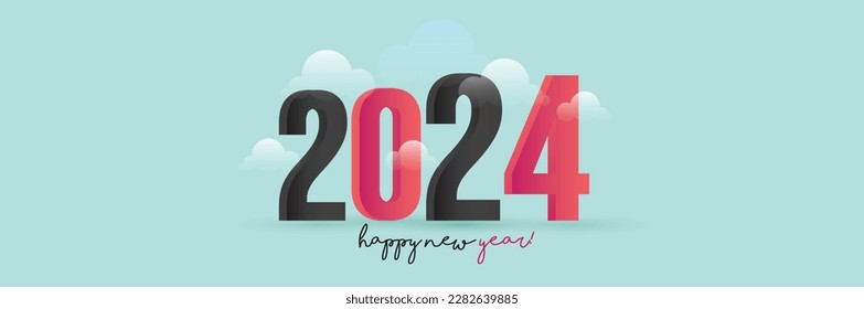 2024. 2024 Happy new year celebration cover banner in red and black with clouds on a aqua color background. Happy new year celebration. New start. New Days. 2024, 2025, 2026 greeting banner template