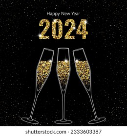 2024 Happy New Year. Champagne glasses vector illustration. Restaurant glassware. Bubbly in glass. Champagne glasses, fizzy champaign in goblet. Holiday golden glitter confetti. 2024 New Year