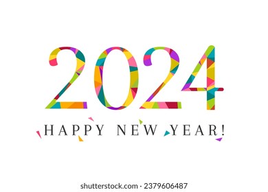 2024 Happy new year! Cheerful, colorful concept with vibrant colors and design elements as confetti. Vector illustration isolated on white background.