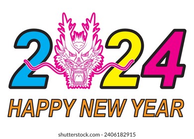 2024 HAPPY NEW YEAR with Chinese Dragon face or head drawing in colorful cartoon vector