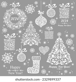 2024 Happy New Year. Christmas decoration set - lots of calligraphic elements, bits and pieces to embellish your holiday layouts. Christmas background. Merry Christmas wallpaper. Vector illustration 