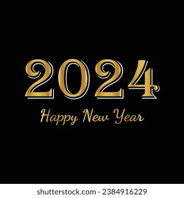 2024 Happy New Year. Christmas greeting card with golden ribbon. Happy New Year and Merry Christmas card or poster. Black background with gold elements.