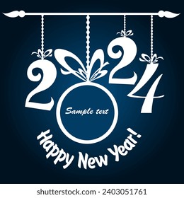 2024 Happy New Year! Christmas Greeting Card. Celebration dark background with Christmas balls, frame and place for your text. Ball with ribbon. Sale. Element for  New Year's design. Vector 