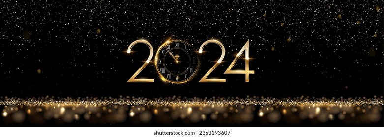 2024 Happy New Year clock countdown background. Gold glitter shining in light with sparkles abstract celebration. Greeting festive card vector illustration. Merry holiday poster or wallpaper design.